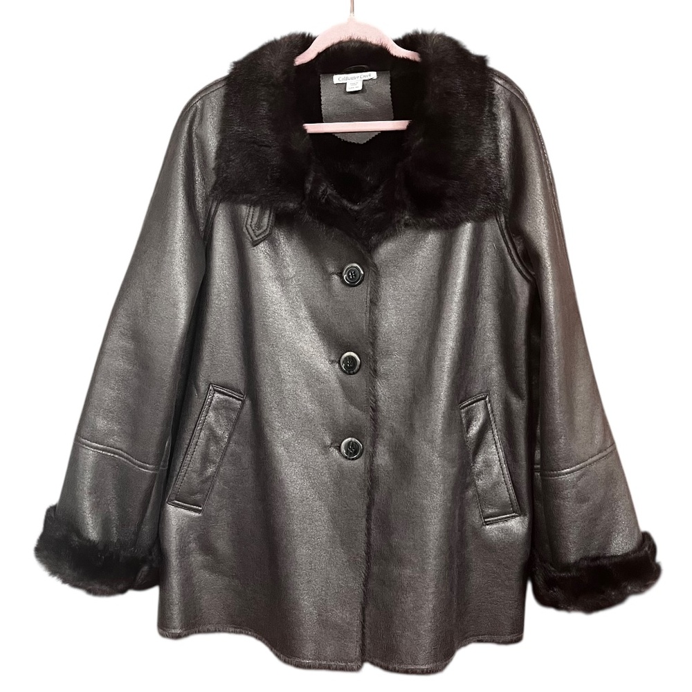 Coldwater Creek Grey Metallic Faux Leather Fur Lined Relaxed Fit Jacket SZ L